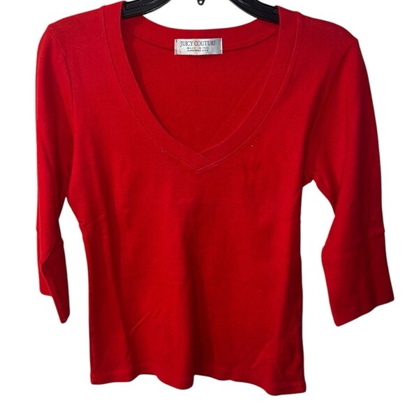 Juicy Couture shirt Juniors Large USA V-neck Red 1/2 Sleeve Y2K Retro Glam Fairy - Picture 1 of 7